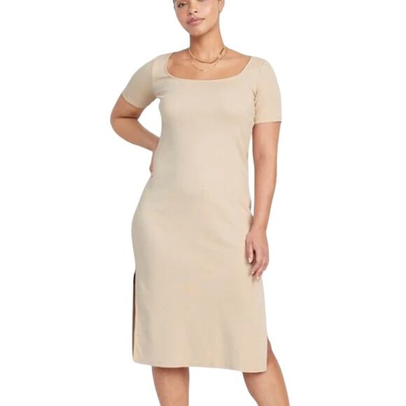Old Navy 3X NEW Fitted Rib Knit Scoop Neck Midi Dress Short Sleeve Desert - Picture 1 of 10